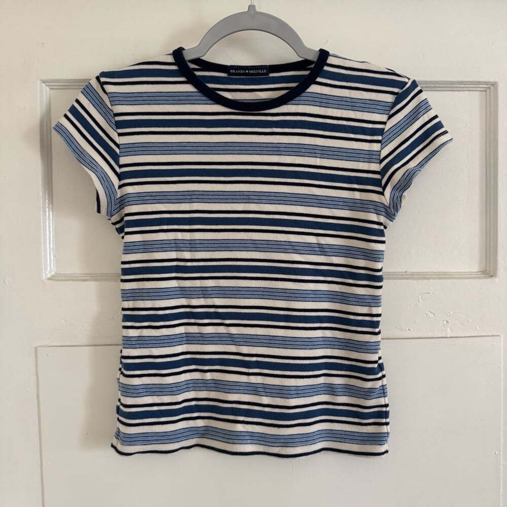 Brandy Melville Blue and White Striped Ribbed Short Sleeve Baby Tee